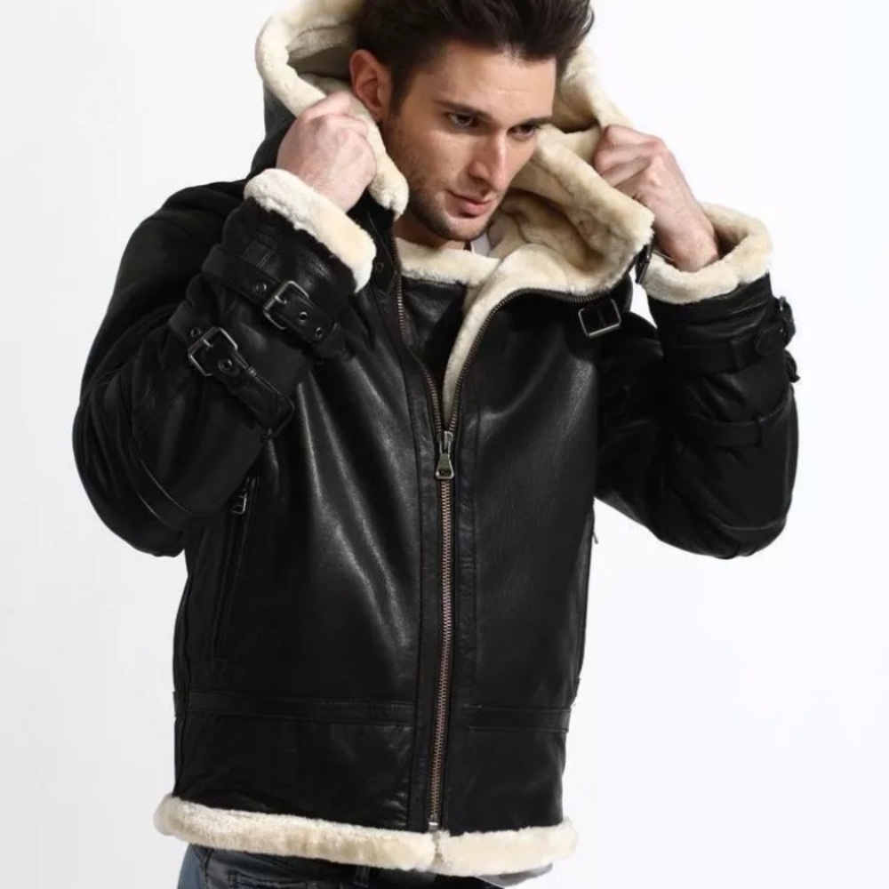 Mens B3 Bomber Fur Collar Black Leather Jacket